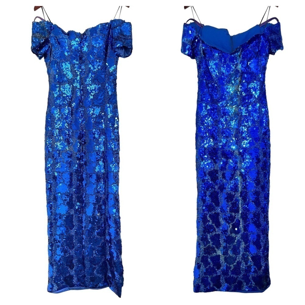 Vintage Y2K Fashion 1001 Nights Cobalt Blue Sequin Off Shoulder Maxi Prom Gown 6